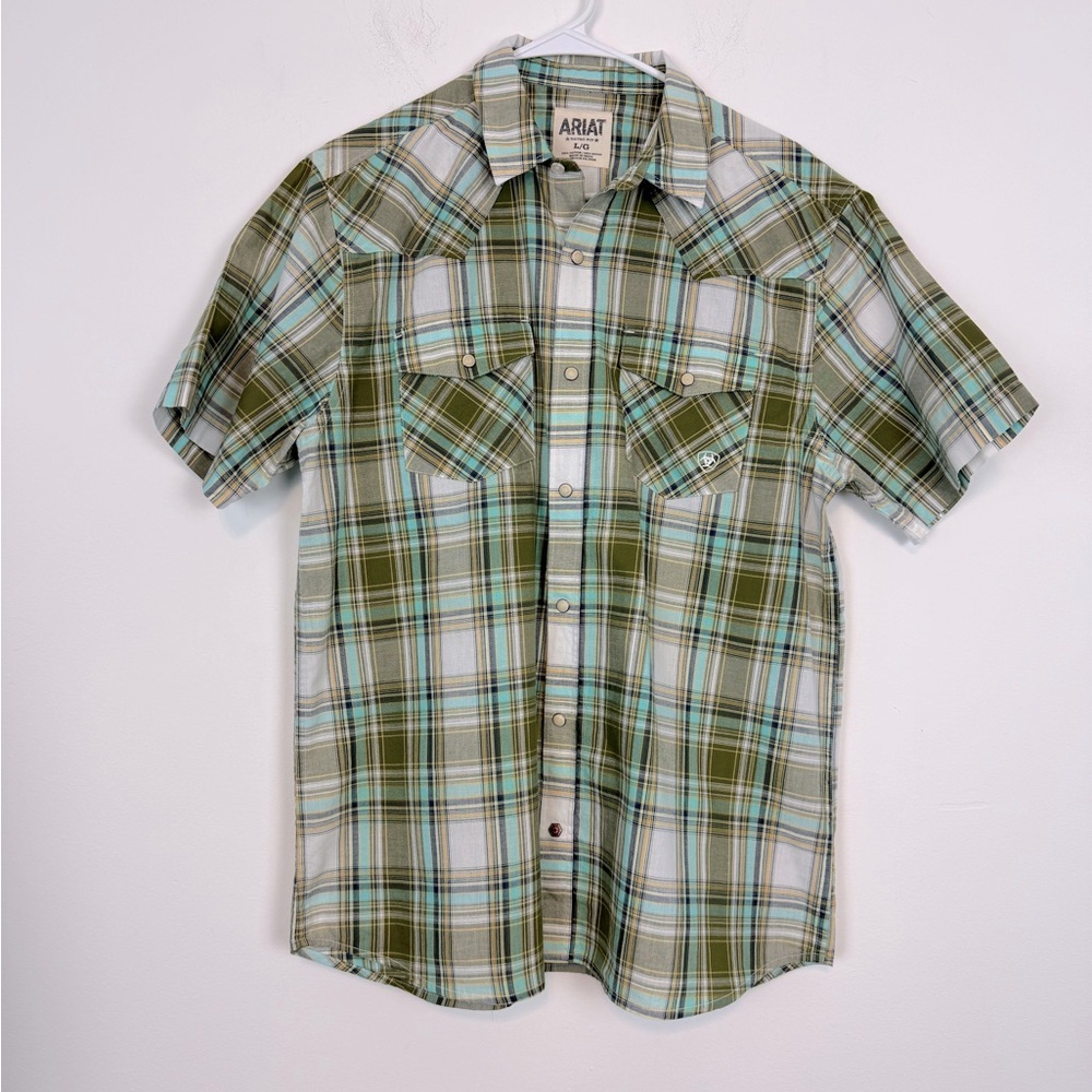 Ariat Men’s Atticus Western Shirt Green Plaid Short Sleeve. Retro Fit. Sz Large.